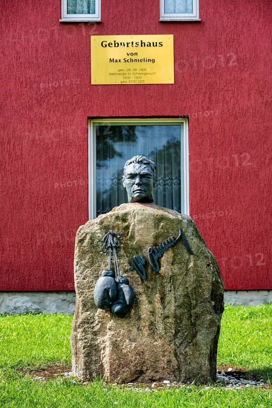Memorial stone in front of Max Schmeling's birthplace, Klein Luckow, Vorpommern-Greifswald district, Mecklenburg-Western Pomerania, Germany