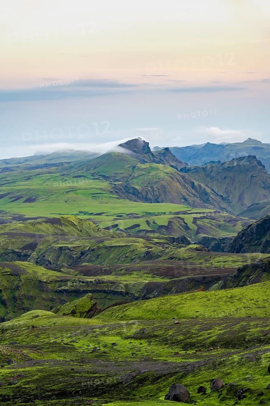 Moss-covered volcanic mountain landscape, Pakgil, Iceland
