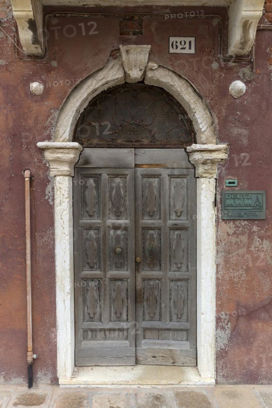 Old wooden front door, Burano, Venice, Veneto, Italy