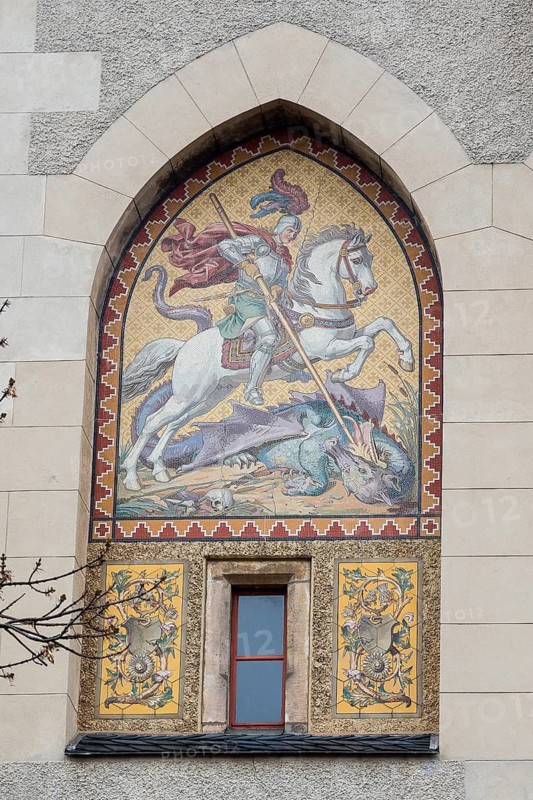 Mosaic mural from 1890 by Wilhelm Walter at the central castle gate, Siegfried the Dragon Slayer, Albrechtsburg Castle Meissen, Saxony, Germany