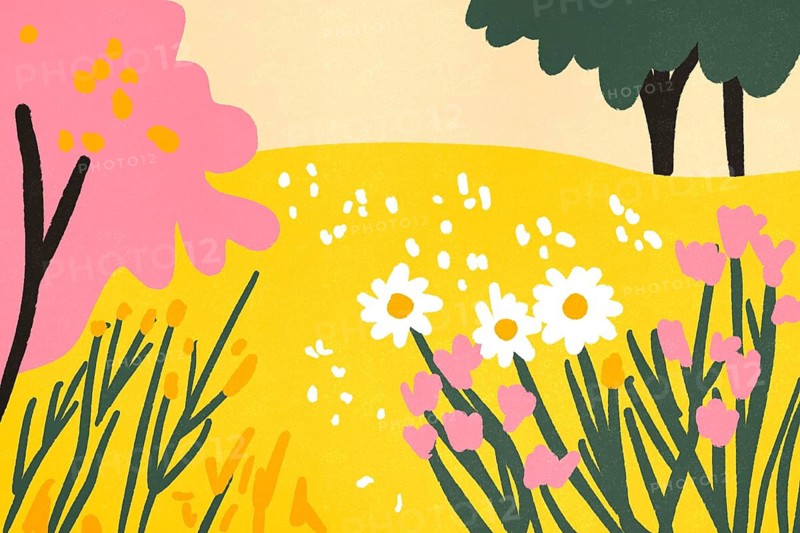 A cheerful illustration featuring a colorful spring landscape with blooming flowers and lush trees under a pastel sky