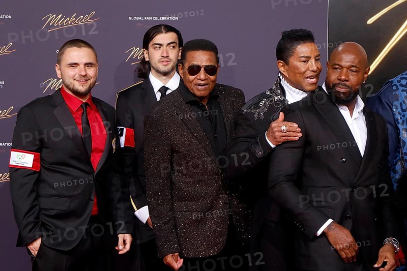 Bigi Jackson (aka Blanket Jackson, Prince Michael Joseph Jackson, II), Prince Michael Jackson, Jackie Jackson, Jermaine Jackson and director Antoine Fuqua at the world premiere of the film Michael at Uber Platz in Berlin on 10 April 2026