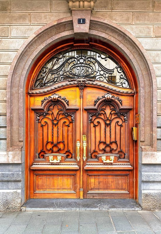 Artfully designed solid wood entrance door, Palma de Majorca, Spain