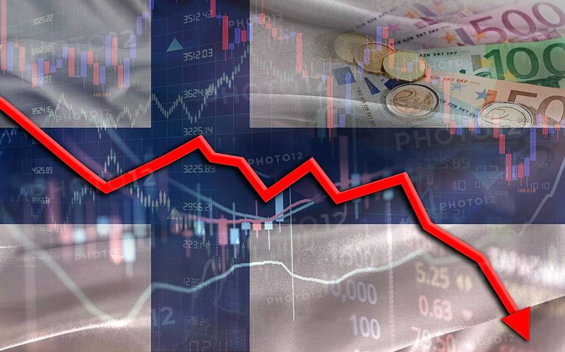 Finland financial fall on economy market. Finnish financial crisis on economic graph
