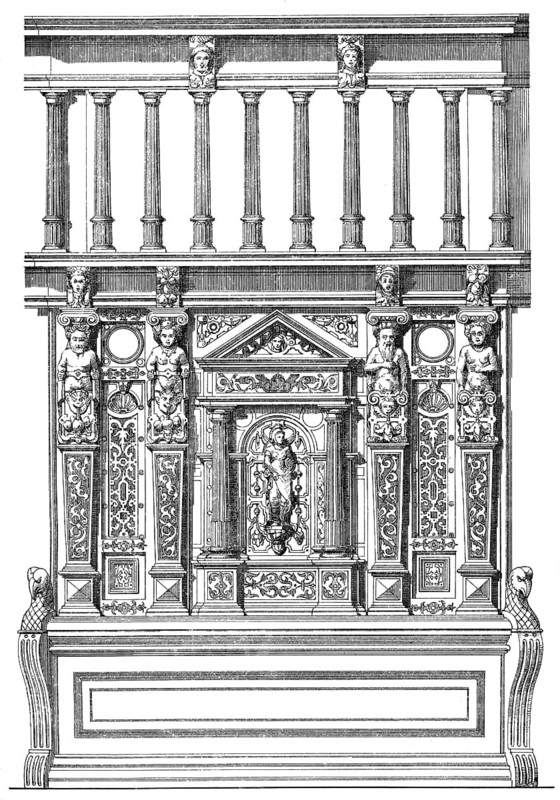 Historical architectural illustration from the 19th Century, 1881, German Renaissance style, 17th century, old Baptismal font, St Catherine's Church, Gdansk, Poland, Deutsche Renaissance, Architektur-Zeichnung von 1881, Taufbecken in der St.-Katharinen-Kirche, zerstört im Zweiten Weltkrieg, Danzig, Polen, Europa