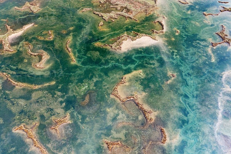 Aerial view of intricate wetland patterns in San Vicente de la Barquera, Cantabria, Spain, showcasing the vibrant mix of green and blue hues from above