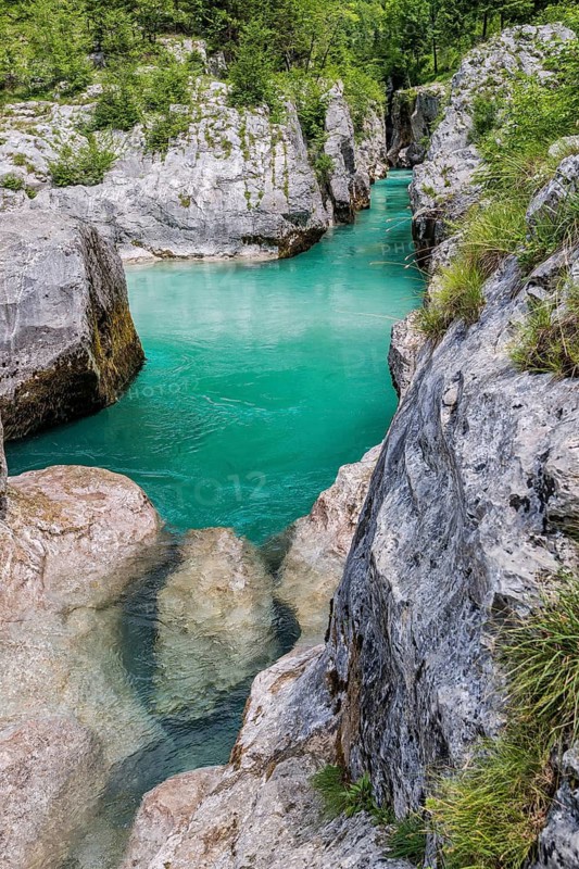 Wild river Soca flows through gorge, Triglav National Park, Soca Valley, Slovenia