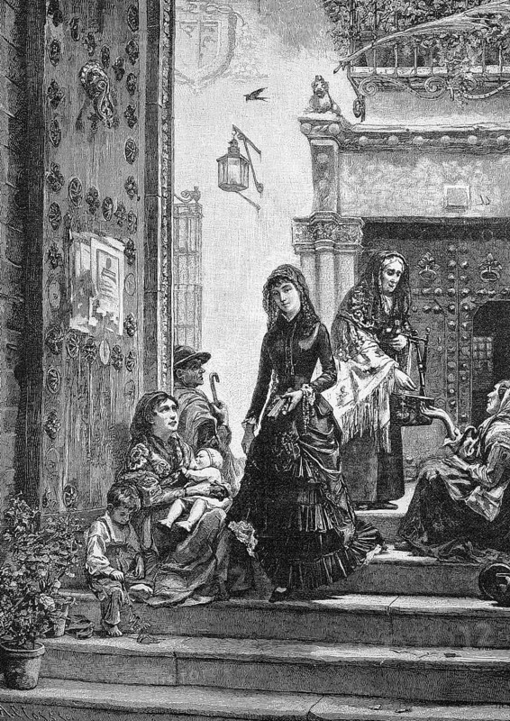 The Cathedral in Toledo, at the Tor tor of the Prodigal Son churchgoers give alms to beggars, Spain, Historical, Digitally restored reproduction from a 19th century original, c. 1890, Record date not stated
