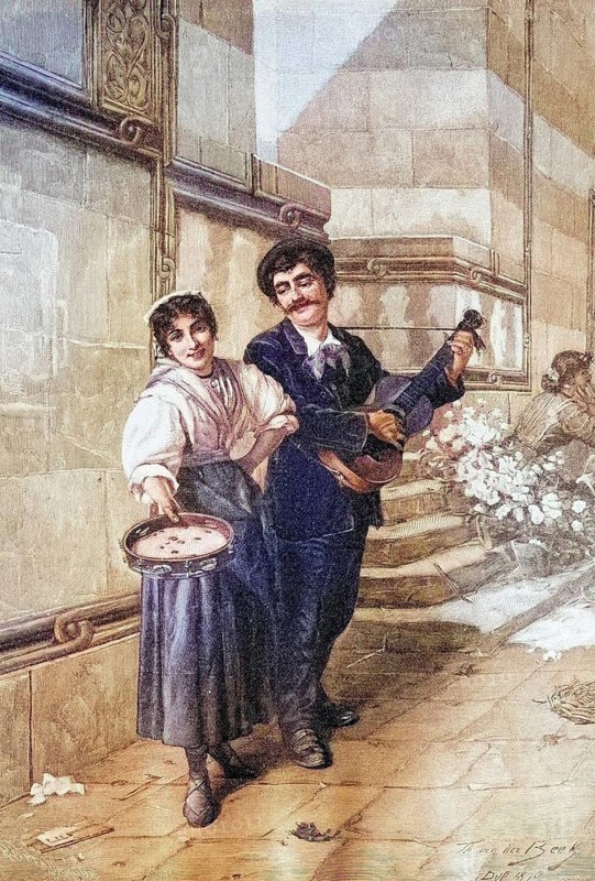 Italian street singers, Verona, Italy, coloured wood engraving, reproduction of an original from ca. 1888, historical, street musicians play a performance in front of an urban backdrop
