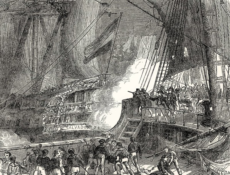 The Battle of Cape St. Vincent, 14 February 1797, Cape St. Vincent, Portugal, Anglo-Spanish War, From British Battles on Land and Sea, by James Grant