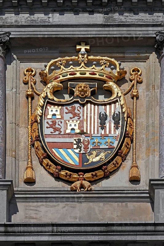Historic City Hall Stadhuis on the Grote Markt, detailed view of the coat of arms of King Philip II of Spain on the façade, UNESCO World Heritage Site, Antwerp, Belgium