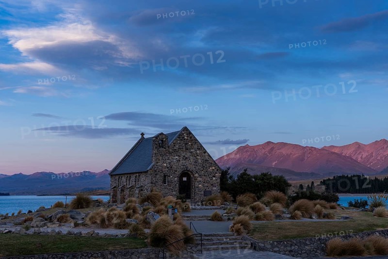 The small church The Church of the Good Shepherd on Lake Tekapo at sunset. Canterbury, South Island, New Zealand