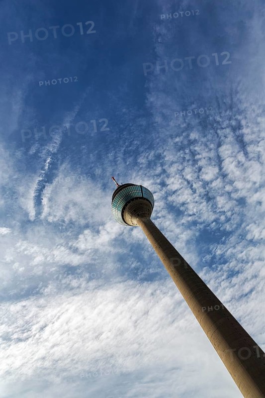 Rhine Tower, diagonal, cloudy sky, Düsseldorf, North Rhine-Westphalia, Germany