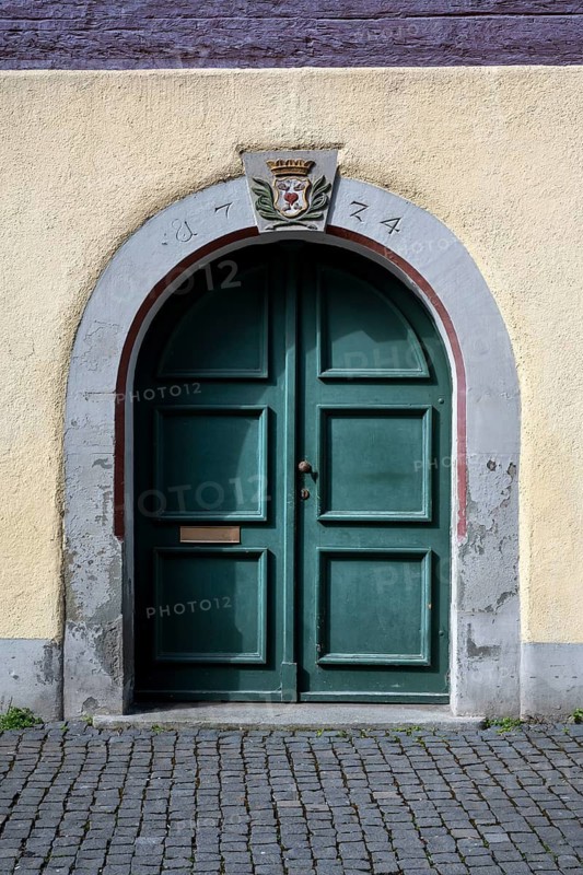 Green door under a round arch with coat of arms in the historic old town of Constance, traditional craftsmanship, district of Constance, Baden-Württemberg, Germany