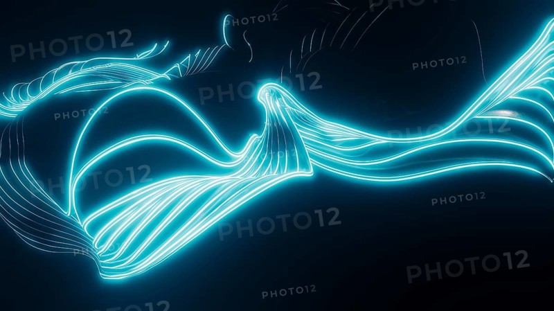 Abstract illustration of glowing neon lines swirling gracefully, creating a sense of fluid motion and futuristic atmosphere, set against a dark background