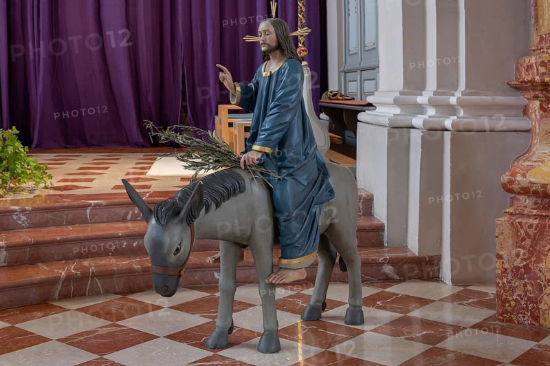 New copy of the Palmesel, formerly 16th century, in St Nicholas Church, Tannheim, district of Reutte in Tyrol, Austria