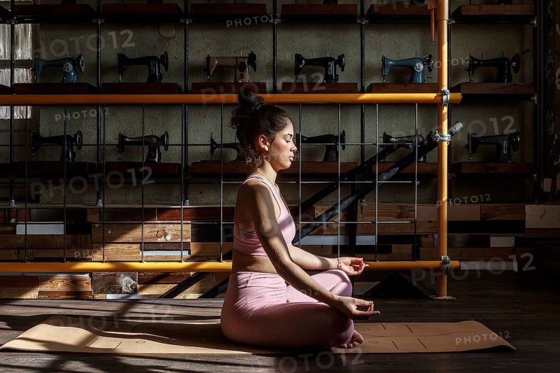 A woman meditates in lotus pose on a yoga mat in a vintage sewing workshop. Sunlight filters through, highlighting her pink attire and the antique sewing machines behind