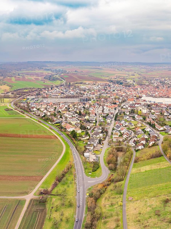Combination of town and landscape, with fields and roads from a bird's eye view, Großbottwar, Ludwigsburg district, Baden-Württemberg, Germany