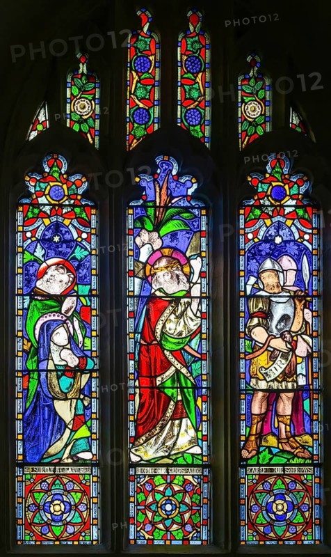 Stained glass window church of Saint Mary, Kempsford, Gloucestershire, England, UK, Jesus bearing the Cross