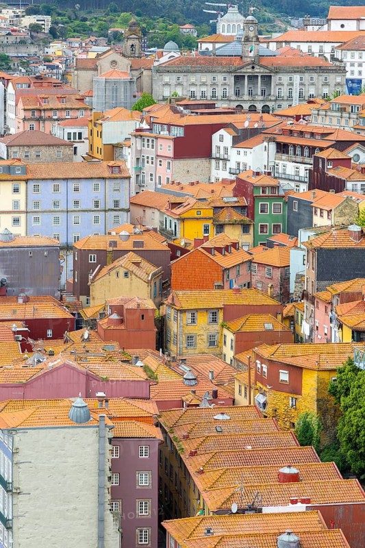 Rooftops of historic buildings in Ribeira area, city of Porto, Portugal