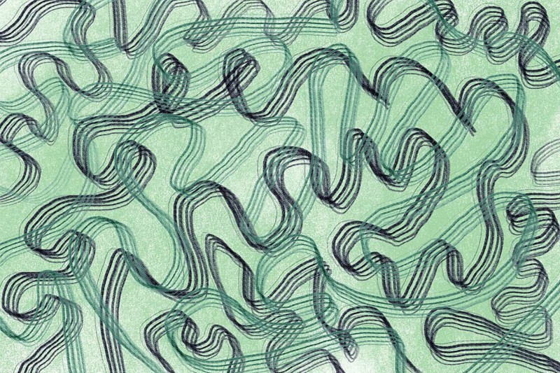An abstract illustration featuring intertwined green lines set on a softly textured mint background, ideal for modern, minimal designs
