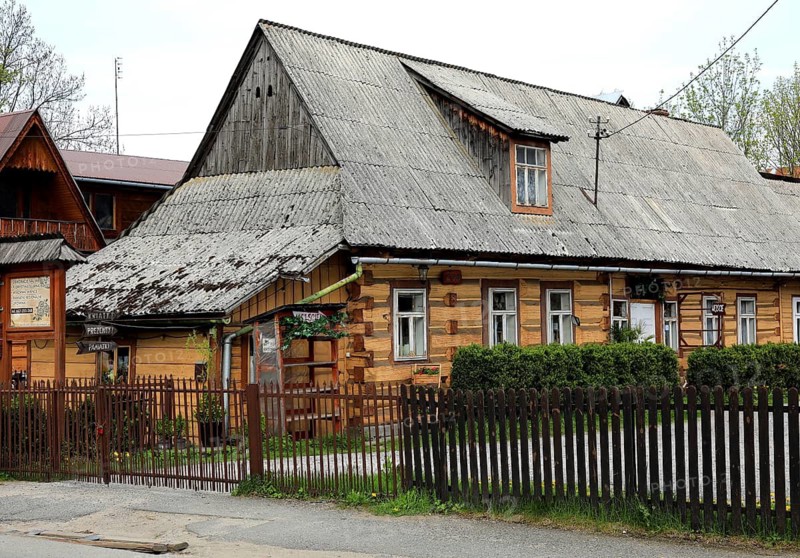 Traditional wooden houses in the village of Chocholow, detail of Podhale-style wooden architecture, listed by UNESCO, near Zakopane, Malopolska Voivodeship, Poland