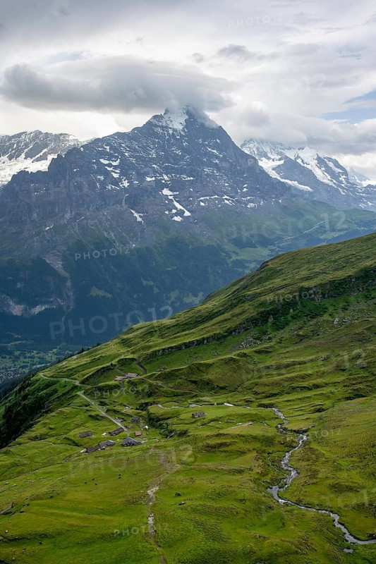 View of mountain landscape with green meadows and alpine huts Bachlager, Grindelwald First, snow-capped Eiger mountain peak, Grindelwald, Bernese Alps, Bernese Oberland, Switzerland