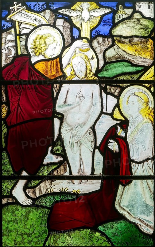 Detail stained glass window of Christ's life, Burlison & Grylls c 1880, Kelsale church, Suffolk, England, UK, John the Baptist baptising Jesus