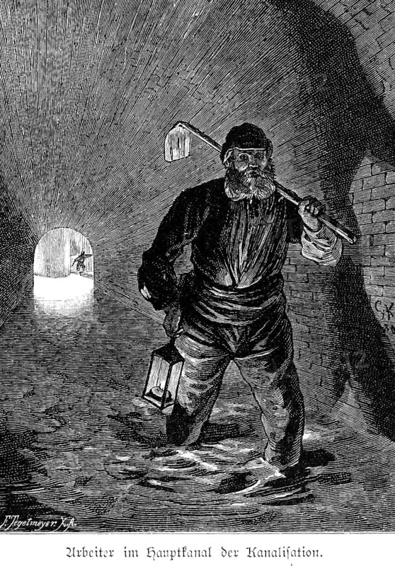 Worker in the main sewer, Berlin, lantern, light, hoe, tunnel, darkness, underground, stone walls, Germany, historical illustration around 1898