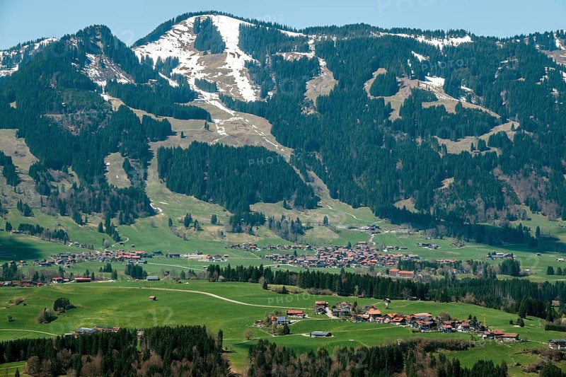 View from Berggasthof Gaissalpe into the Illertal valley, in the back Bolsterlang with Bolsterlanger Horn and Weiherkopf, Reichenbach, Oberstdorf, Oberallgäu, Allgäu, Bavaria, Germany