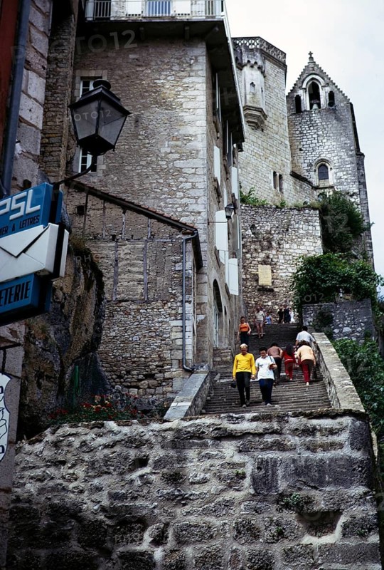 Historic religious buildings in the cliff-top village of Rocamadour, France 1971