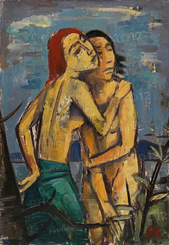 Karl Christian Ludwig Hofer, also Carl Hofer (born 11 October 1878, died 3 April 1955), German painter of Expressionism and Expressive Realism. Here his work Girlfriends (1920), Painting, Reproduction of the painting, Original condition, Work of art, Historical, Expressionist depiction of two woman in a close embrace against a natural backdrop