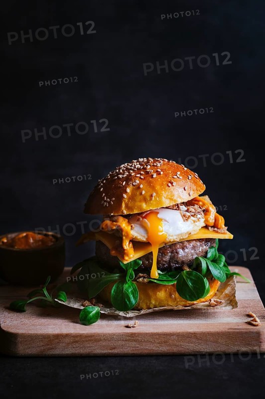 A delectable gourmet burger topped with melted cheese, egg, and greens, captured on a rustic wooden board. Perfect for culinary enthusiasts and food photography