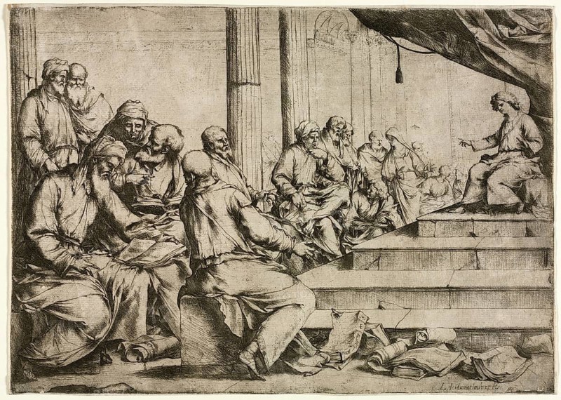 Luca Giordano (b. 18 October 1634, d. 3 January 1705), called Fa Presto, Italian painter and etcher of the Baroque period, The Young Christ Teaching in the Temple (c. 1653), Painting, Reproduction of the painting in its original state, Work of art, Historical, Group of scholars in an ancient setting, in black and white