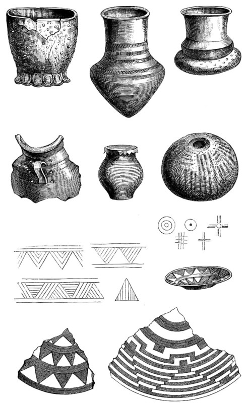 Clay vessels with various ornaments from prehistoric Swiss pile dwellings, History of Mankind, Switzerland, historical illustration 1880