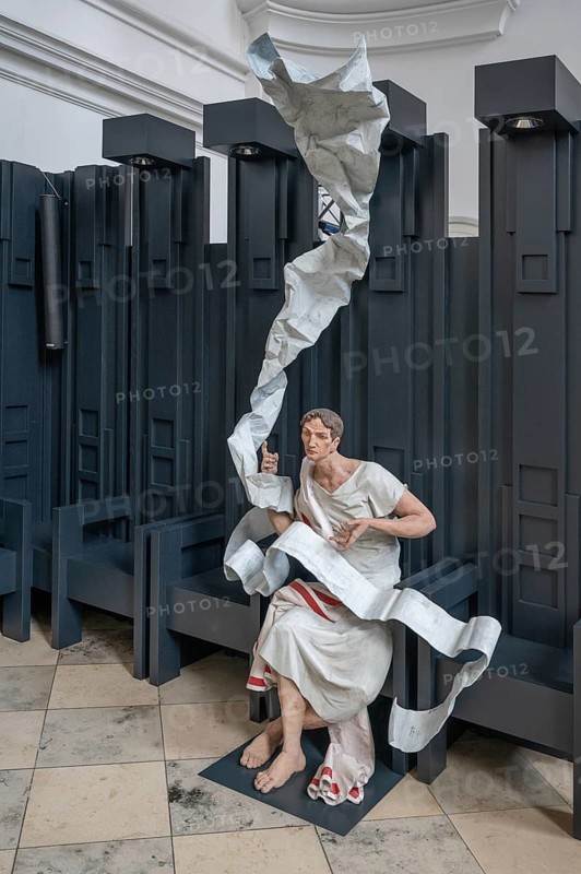 Modern sculpture of St Augustine in the modern choir stalls of St Augustine's Church, Dominikanerplatz, Würzburg, Lower Franconia, Bavaria, Germany