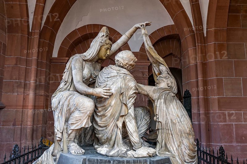 Group of figures as a memorial to Friedrich Karl Joseph von Erthal, Collegiate Church of St. Peter and Alexander with high altar, Abbey Square, Aschaffenburg, Lower Franconia, Bavaria, Germany