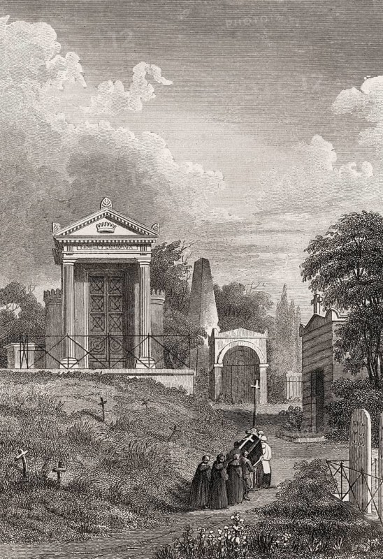 Tomb of Perregaux, Père Lachaise Cemetery, Paris, antique steel engraved print, 1831