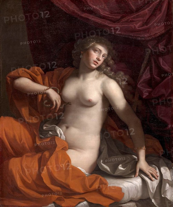 The Suicide of Cleopatra, Cleopatra standing beside her bed holding the snake in her left hand, Painting by Benedetto Gennari, Historical, digitally enhanced reproduction of an original from the period