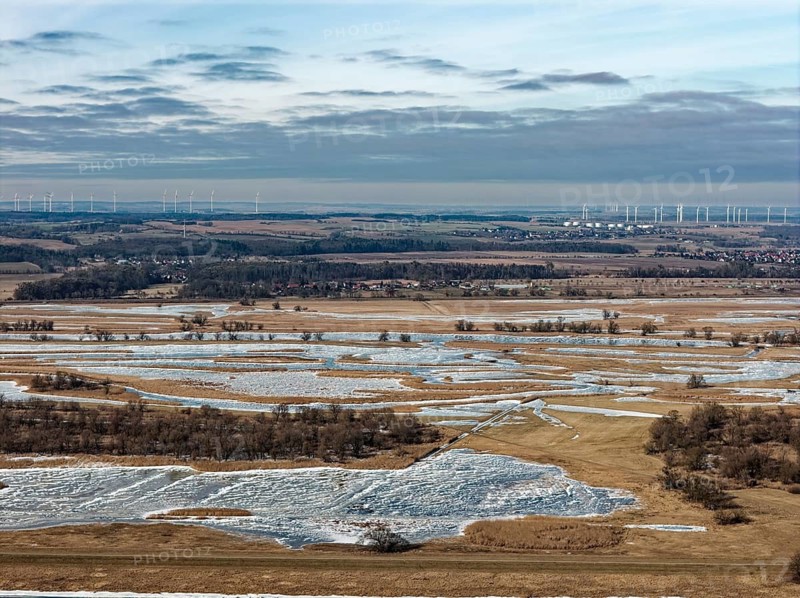 Ice and snow-covered foothills of the Oder in the Lower Oder Valley National Park. aerial view. Schwedt, Uckermark, Brandenburg, Germany