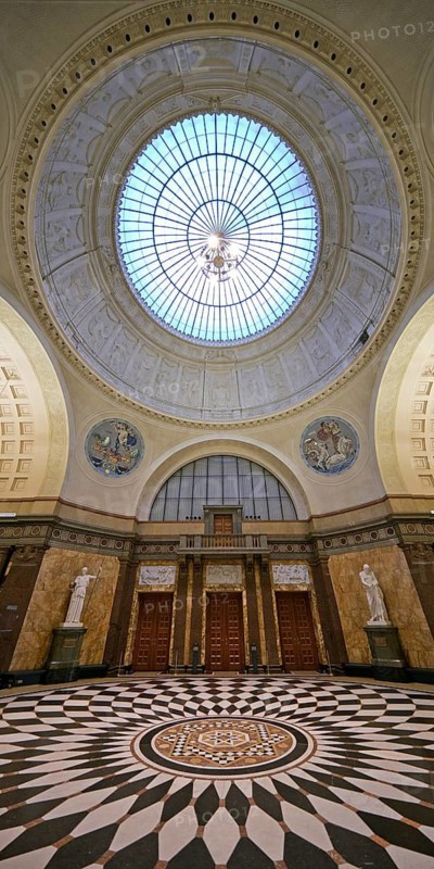 Foyer with glass dome in the spa hotel and Casino in the evening, Wiesbaden, Hesse, Germany
