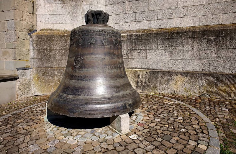 Former bell in front of west gable, St. Stephen Protestant Church, Old Town, Lindau, Bavaria, Lake Constance, Germany