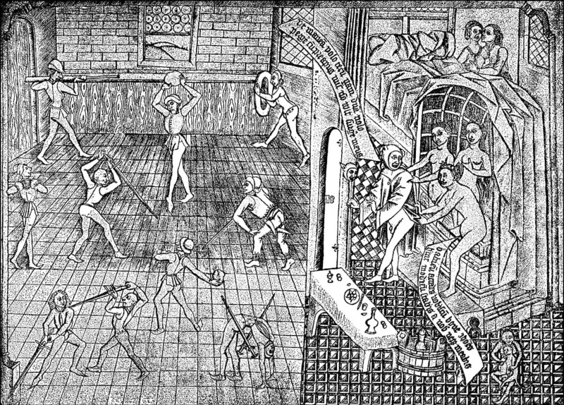 The joy of life, Fencing and a house of prostitution, 15th century, Fechtboden und Frauenhaus, Leben im Mittelalter, 15. Jahrhundert