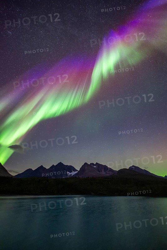 Northern Lights over Bergen in the Lyngen Alps, Lyngenfjord, Troms og Finnmark, Norway
