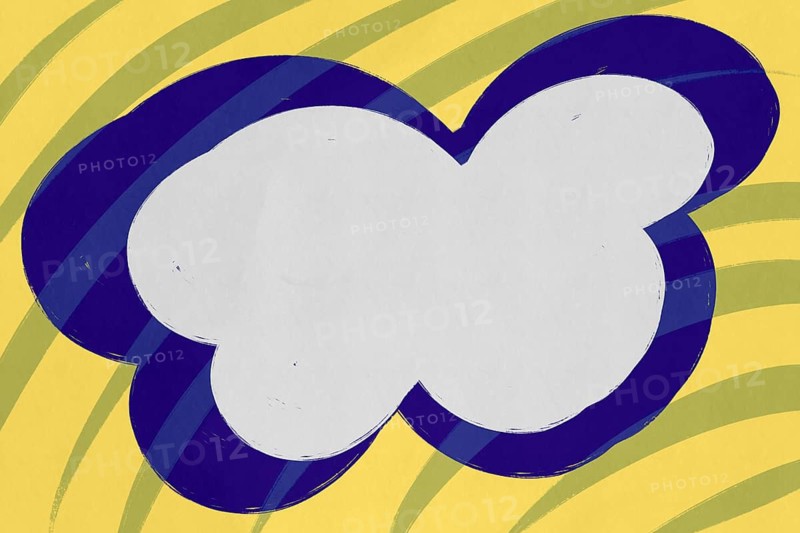 An illustration of an abstract comic speech bubble centered over a spirited backdrop of yellow and blue stripes, ideal for text incorporation