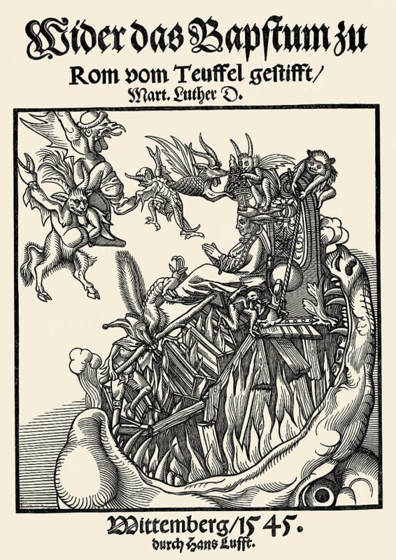 Title page by Martin Luther, Wider das Papsttum zu Rom, Against the papacy of Rome, caricature of the Pope, 1545