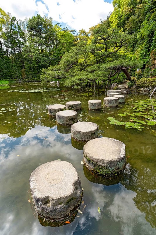 Garyukyo stepping stones across the pond at Heian-jingu Shrine, Kyoto, Japan