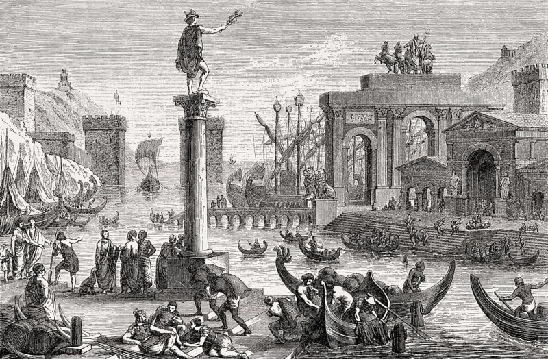 A reconstructed harbour city of ancient Rome