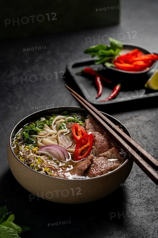 Traditional Vietnamese beef pho served in a bowl, featuring slices of beef, noodles, red onions, chilies, and a rich, clear broth, accompanied by a side of basil and lime