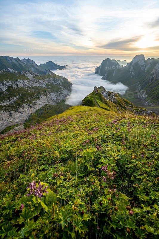 View over Säntis mountains into the valley of Meglisalp at sunrise, Rotsteinpass, high fog in the valley, Säntis, Appenzell Ausserrhoden, Appenzell Alps, Switzerland